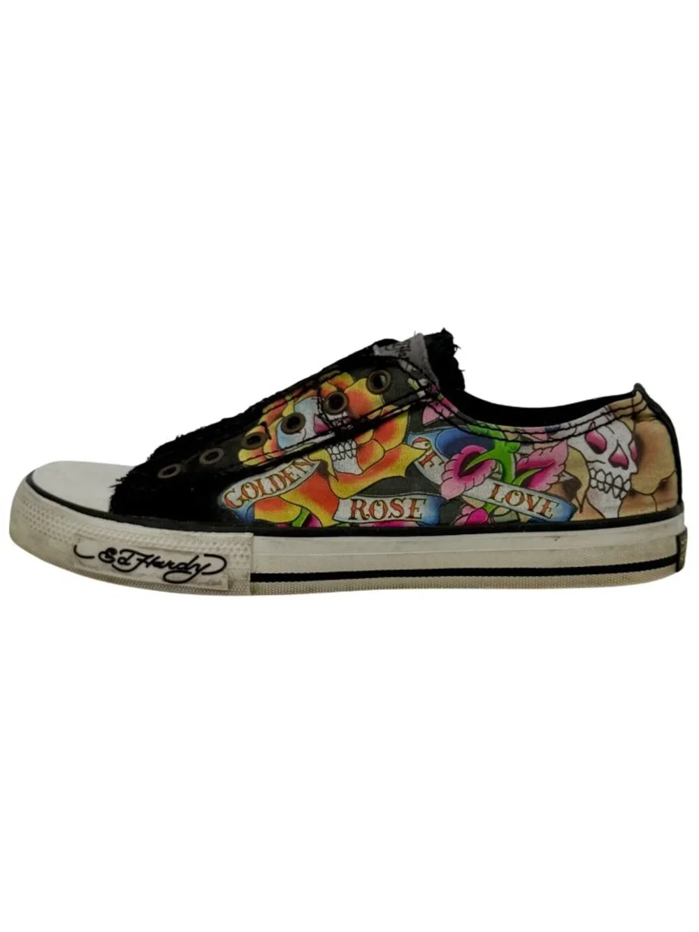 VTG Ed Hardy Black Tattoo Print Canvas Sneakers 8 | Y2K Skater Grunge Streetwear